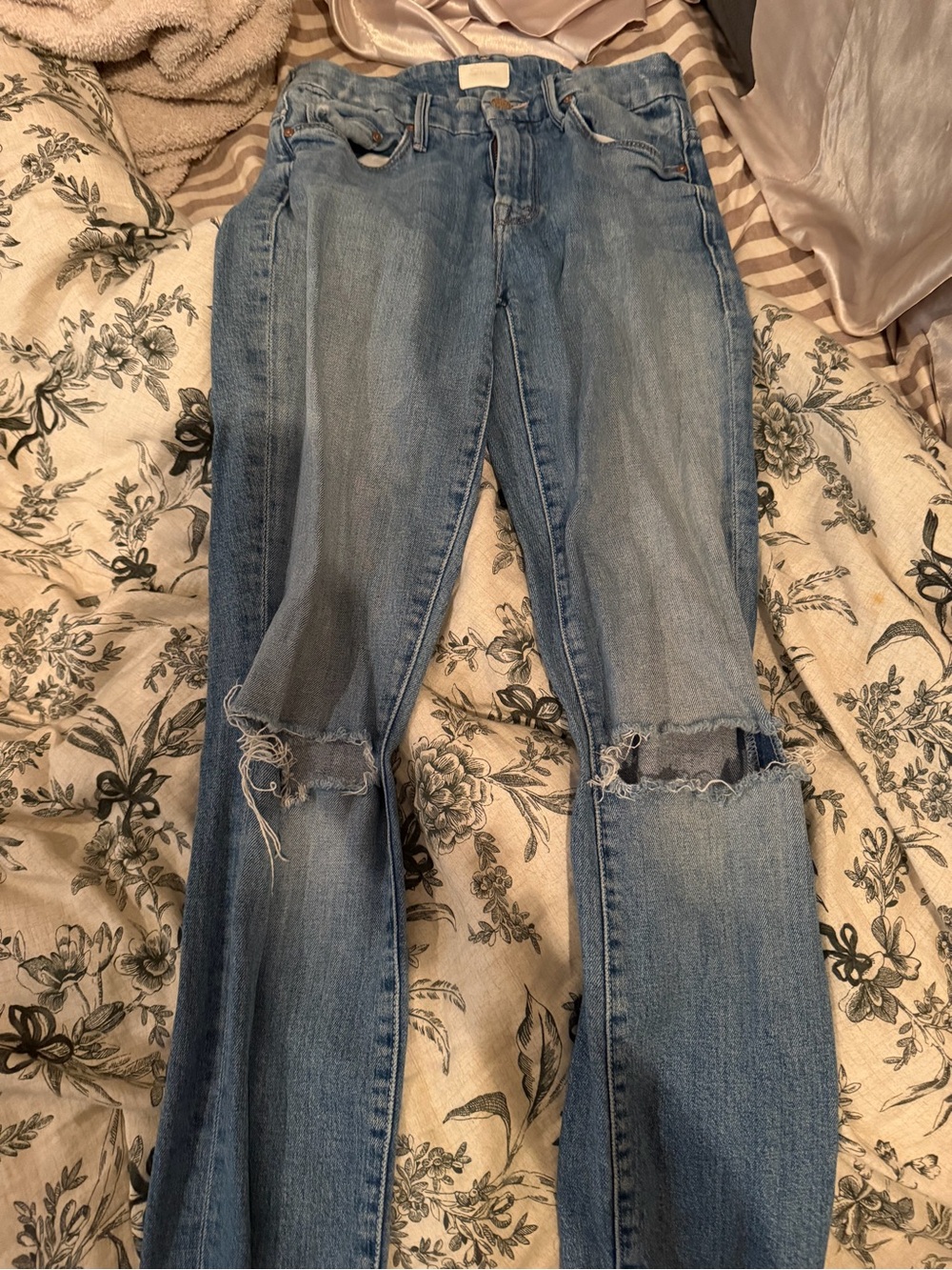 MOTHER Light Blue Straight Leg Jeans with Knee Rips